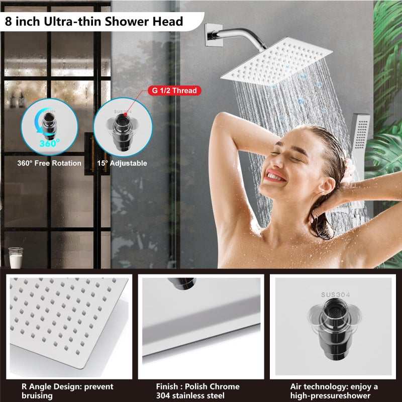 Midanya Shower Faucet Set,Wall Mount Shower System with Square Rain Shower Head and Hand Sprayer, Rough-in Valve Body and Trim Kit Included,8 Inch,Polish Chrome - Image 3